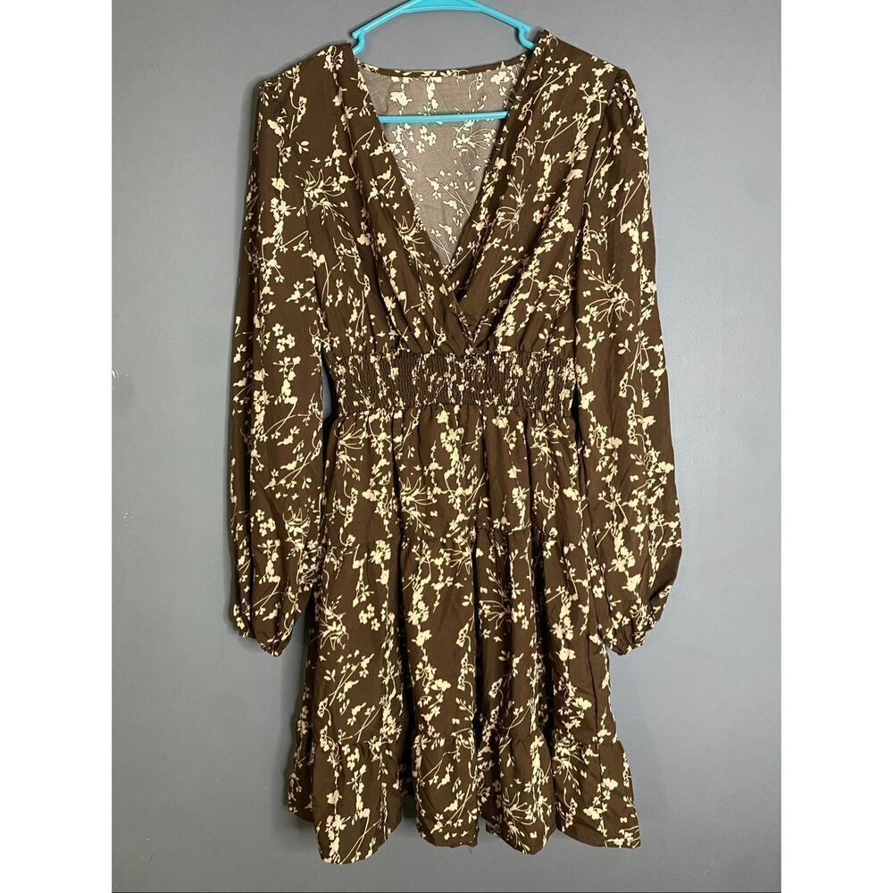 Hapsho Brown Floral Elastic Sleeve Dress Size Medium NWOT